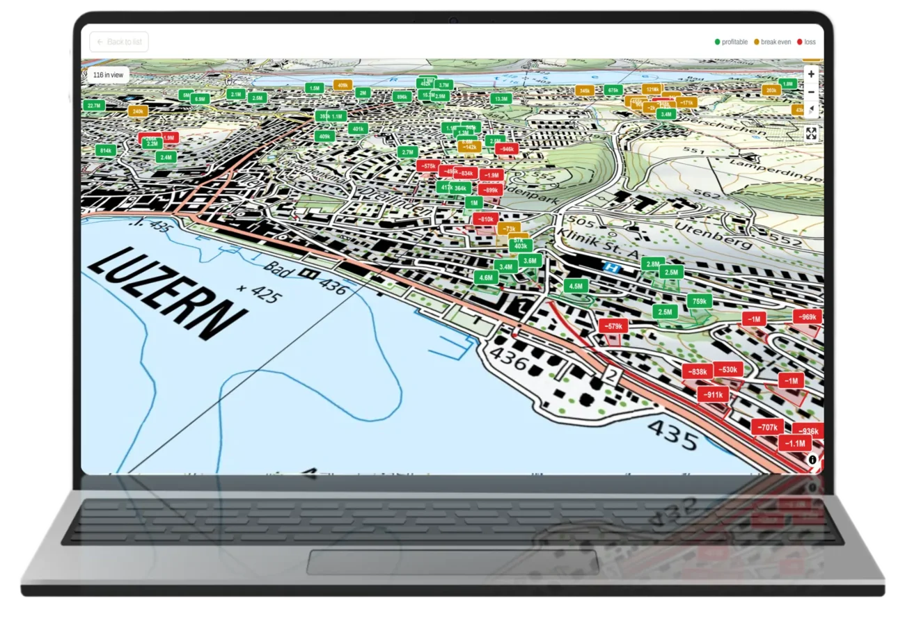 Ai-RealEstates Kartenansicht mit der Entwicklungsmarge pro Gebäude
